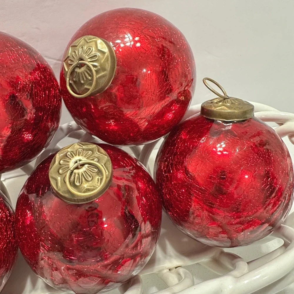 Restoration Hardware Red Crackle Glass Christmas Ornaments Set of 6 Brass Top‎